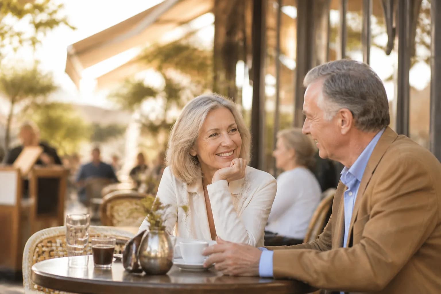 Deux seniors souriants discutent ensemble à la terrasse d'un café