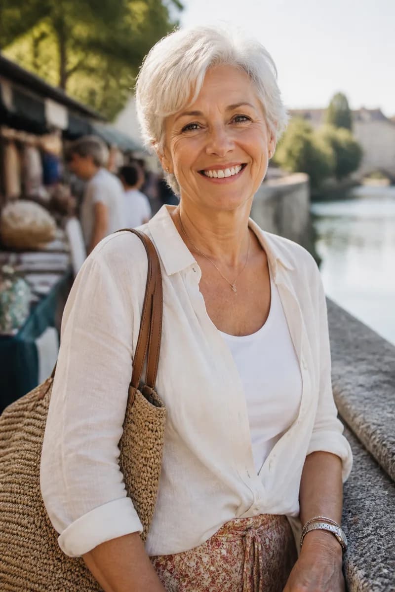 Portrait de Claire, femme senior souriante près d'une rivière