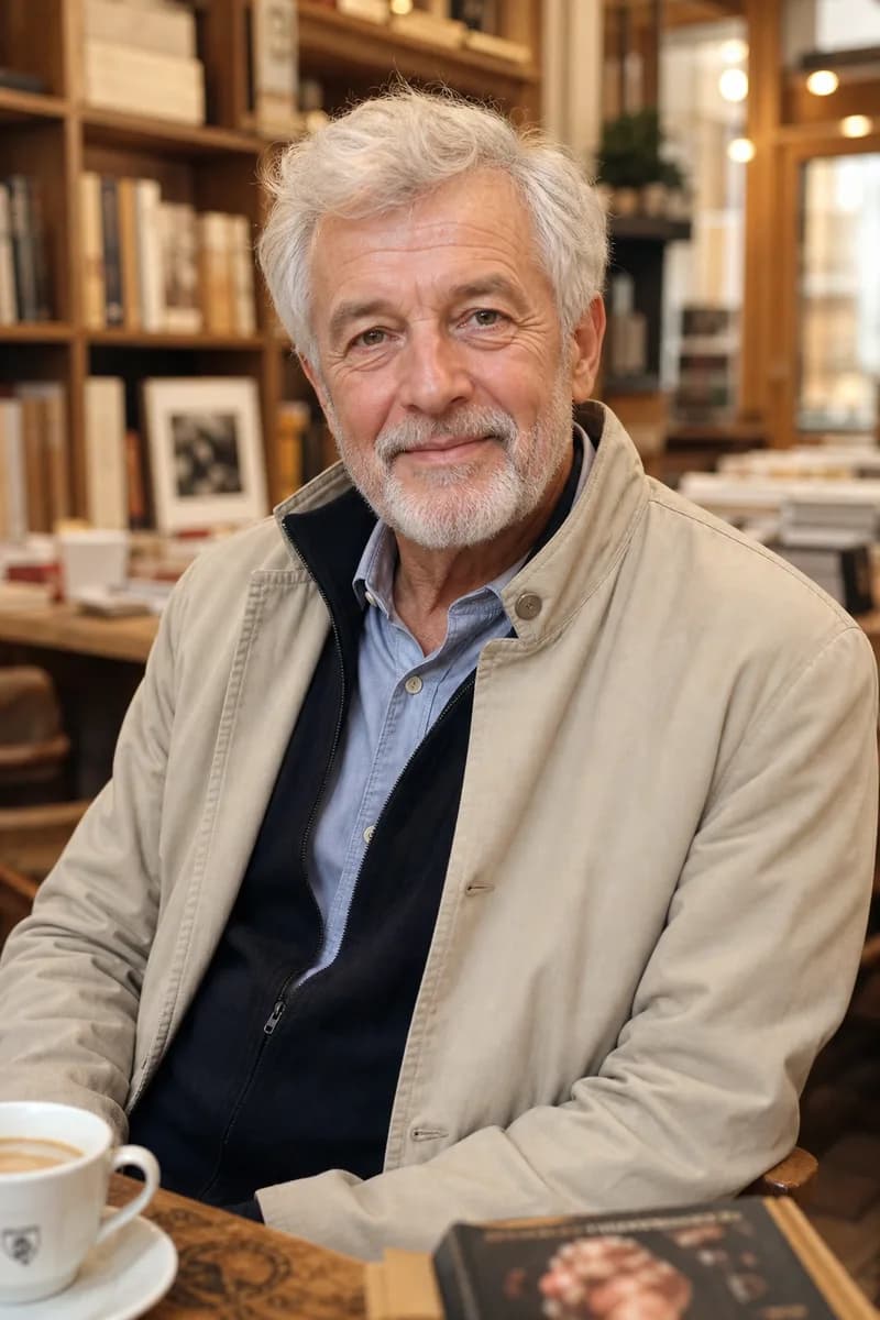 Portrait de Jean, homme senior souriant dans un café librairie