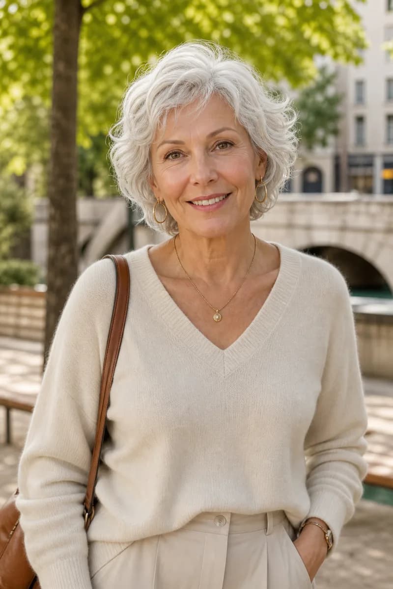 Portrait de Martine, femme senior souriante dans un parc
